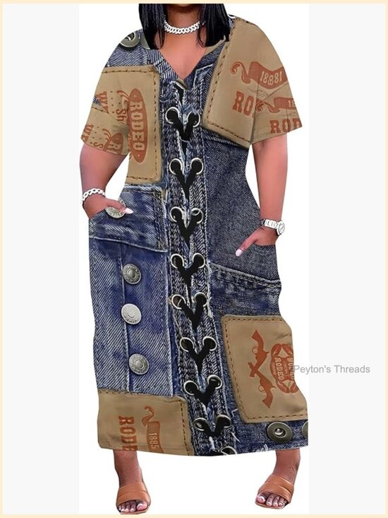 Dresses & Skirts - Plus Size Denim Print Maxi Dress V Neck Short Sleeve with Pockets